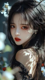 Digital portrait of floral-lit woman in lace dress turning back