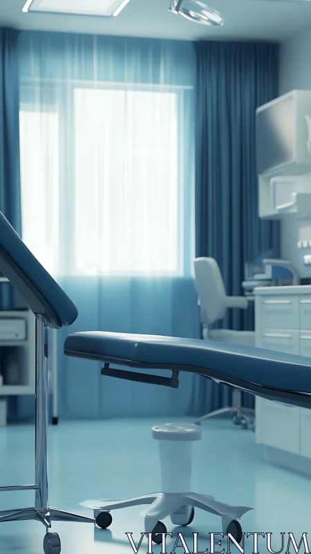 Clinical examination room with medical chair and stool.