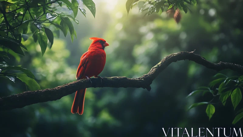 Vibrant red cardinal perched on forest branch in soft sunlight.