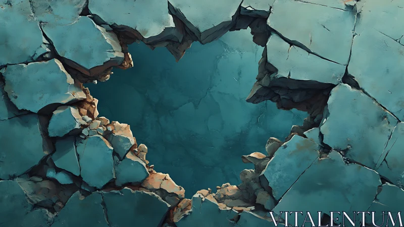 Shattered turquoise stone floor exposes deep fractured void.