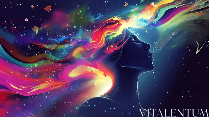 Cosmic silhouette with flowing neon aurora mindscape.