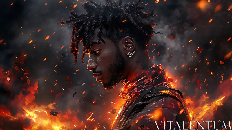 Profile portrait of warrior emerging from swirling firestorm