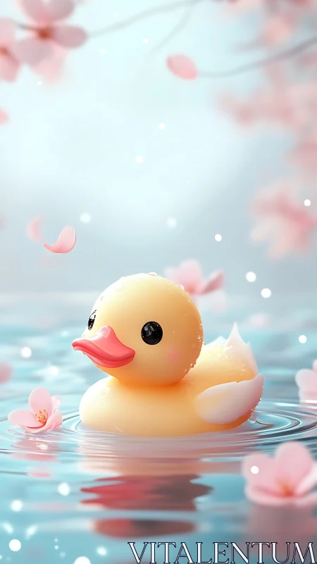 Blossom-kissed rubber duck drifting in pastel spring hush.