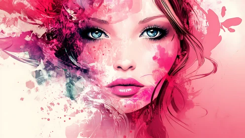 Pink digital portrait of woman with vivid blue eyes focus