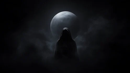 Hooded dark figure standing before full moon in foggy night.