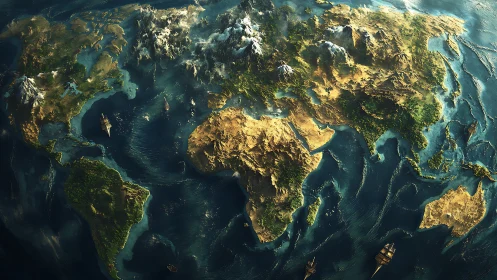 Detailed digital world map with continents and ships.