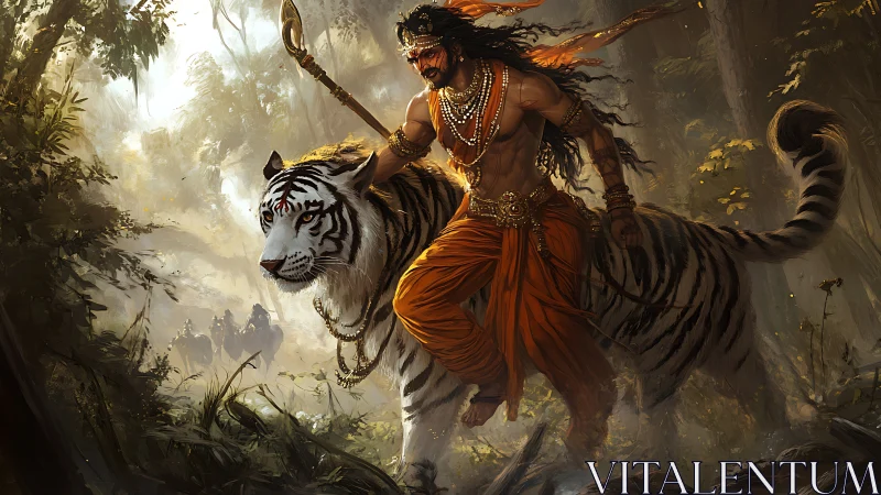 Jungle warlord astride a white tiger in stormlit foliage.