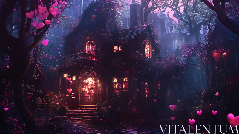 Enchanted Victorian Manor Heart Lights Neon Night.