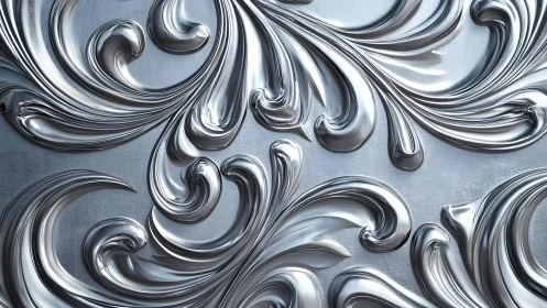 Elegant metallic baroque swirls in silver, 3D embossed pattern.