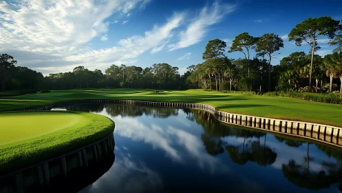 Lakeside golf green with calm water and tall pine trees.