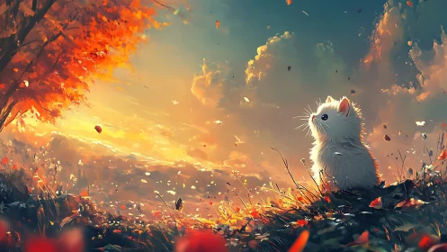 White Feline Figure Positioned in Autumnal Landscape with Volumetric Fire Effects