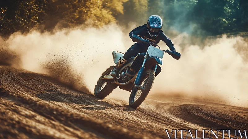 High-speed motocross rider carving dusty berm under warm backlight