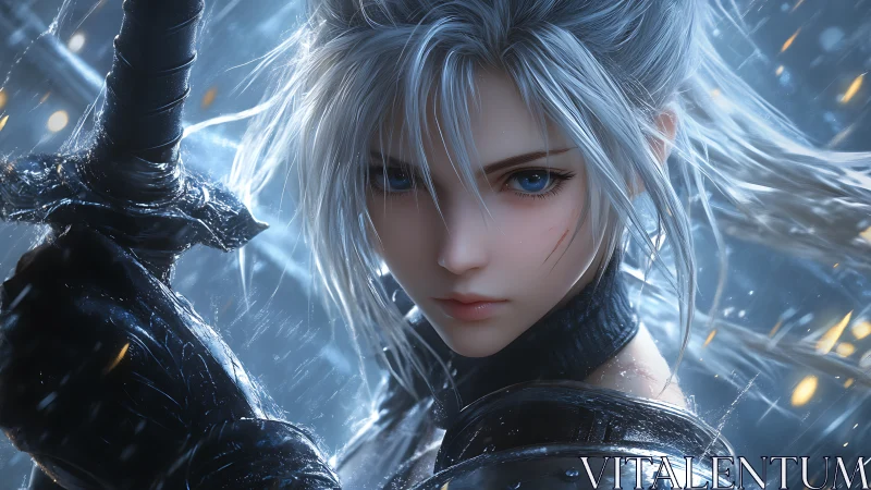 Silver haired anime warrior holding sword in heavy rain.