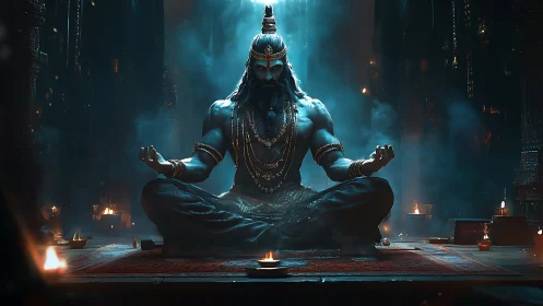 Meditating blue deity radiates power in a smoky temple hall