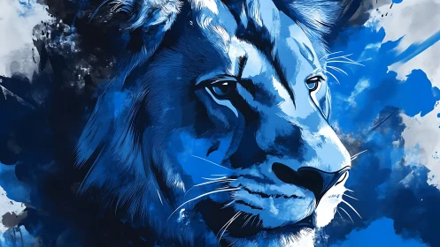 Cobalt lion drifts through stormy ink and quiet resolve