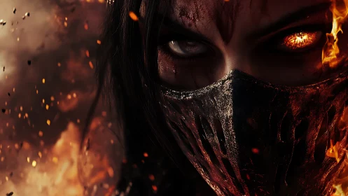 Fierce masked warrior framed by glowing, fiery embers.