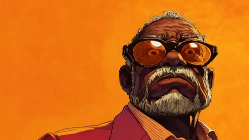 Stylized portrait of older man in orange-tinted glasses.