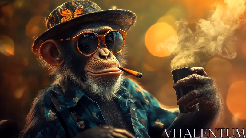 Sunset lounge chimp in shades, smoke, and soft bokeh glow.