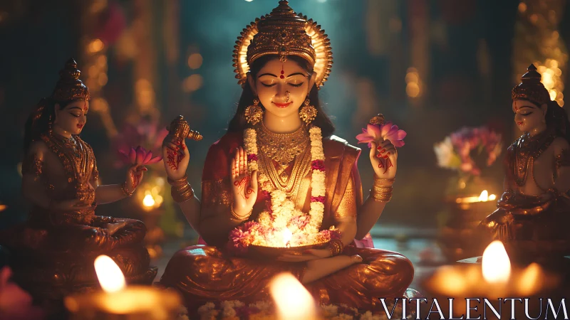 Goddess statue with lotus and lamps in warm candle glow.