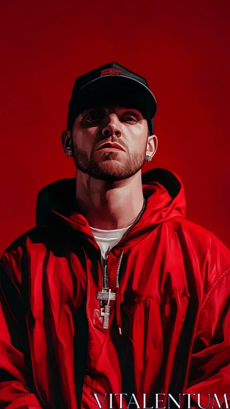 Male figure in red hooded jacket against uniform red field.