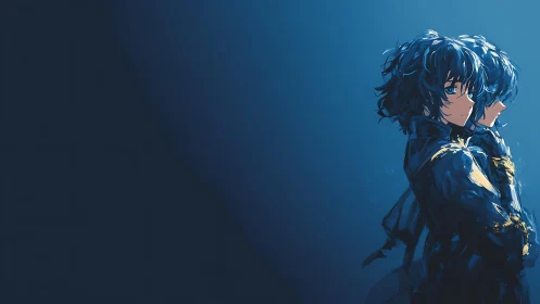 Blue toned anime character in reflective side profile.