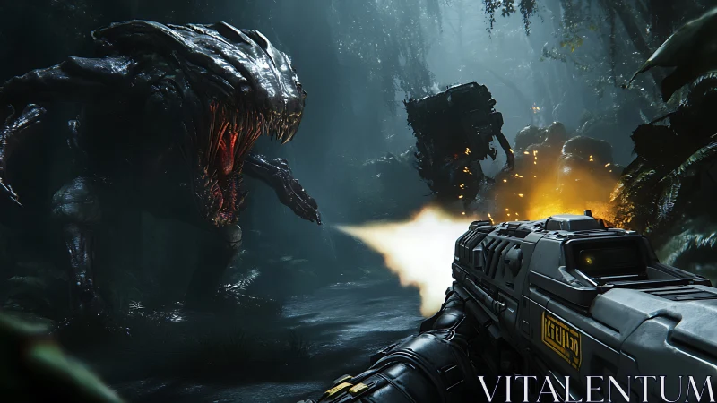 Gunfire carves burning daylight into the jungle leviathan