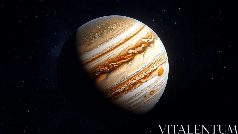 Gas giant planet with banded clouds in deep space view.