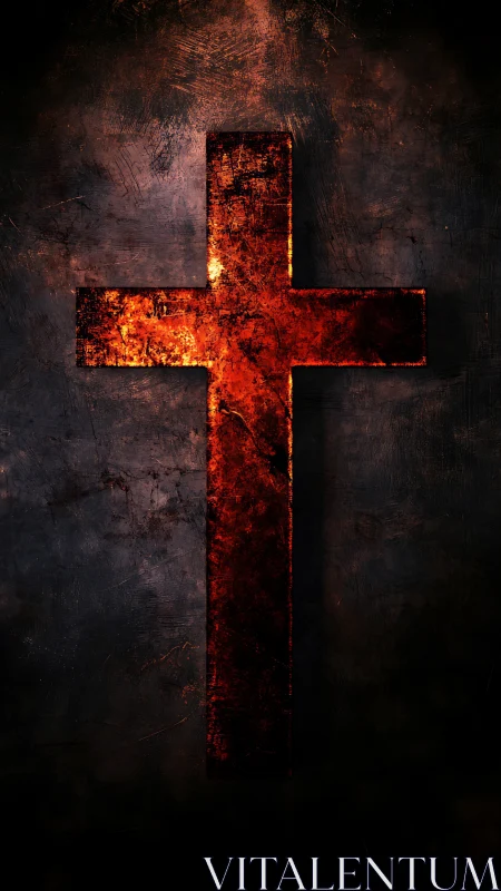 Burning red cross glows against a dark, textured backdrop