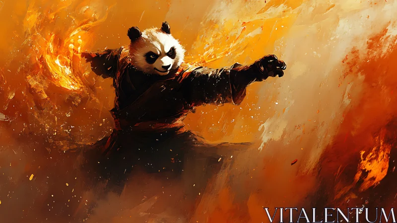 Playful warrior panda dancing through blazing fire magic.