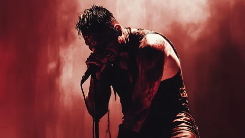 Sweat drenched rock singer grips microphone under red haze