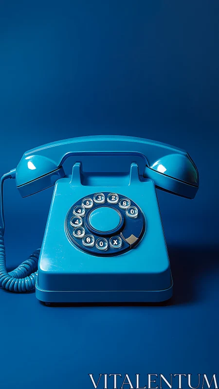 Retro blue rotary telephone on monochrome backdrop.