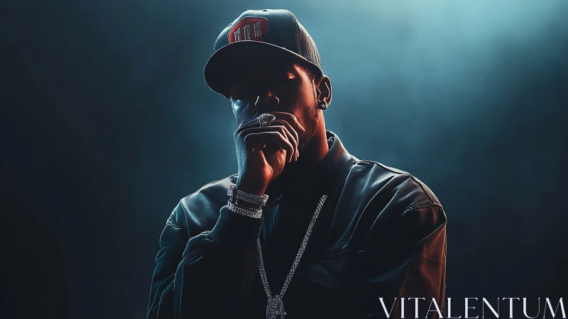 Moody hip hop portrait with dramatic teal rim lighting.