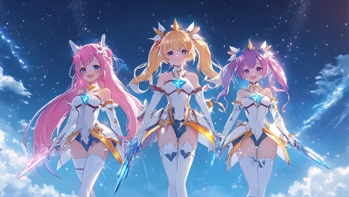 Starlit magical trio stands proudly in shimmering anime skies