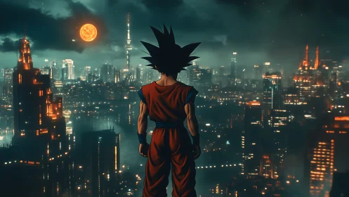 Lone warrior overlooking a glowing cyberpunk skyline at dusk.