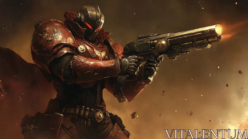 Armored void sentinel unleashes firepower in war-torn dusk.