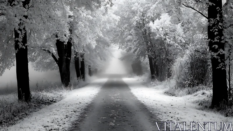 Monochrome winter road flanked by snow covered trees.