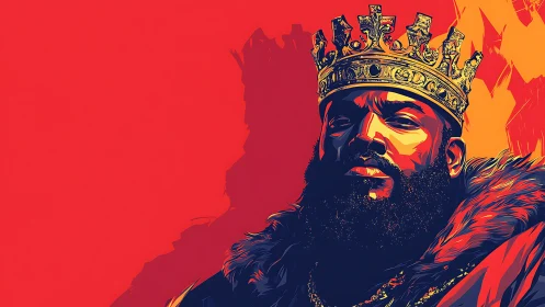 Regal bearded king in bold red-orange graphic portrait