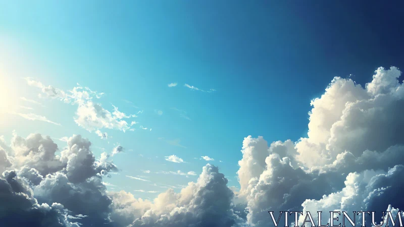 Sunlit cumulus clouds rise under clear blue daytime sky