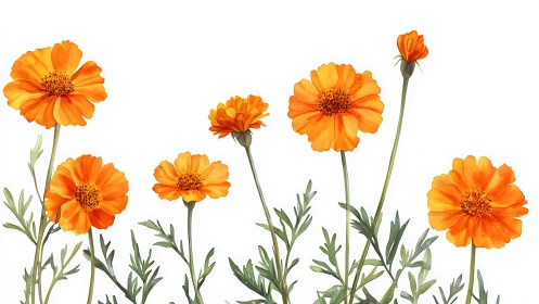 Orange marigold inflorescences rendered in clean botanical watercolor