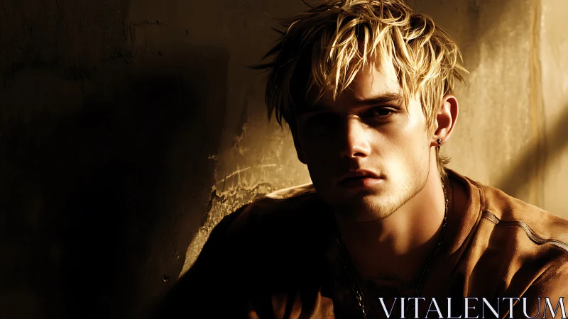Moody blond man in dramatic golden side lighting portrait.