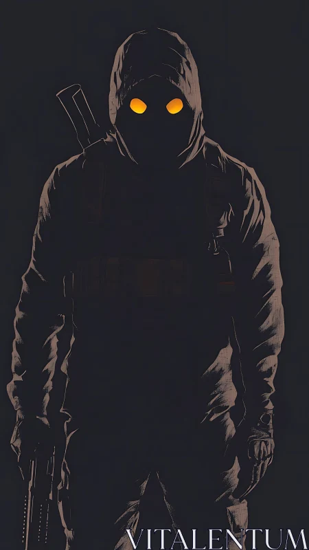 Hooded armed silhouette with glowing eyes rendered in low key contrast
