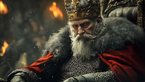 Aged medieval king stares forward from ornate throne