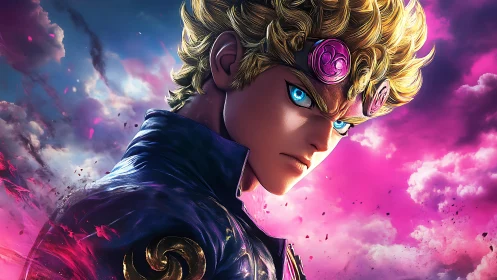 Blond anime hero under neon storm sky, intense gaze portrait.