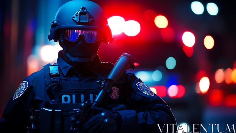 Neon sirens crown a tactical officer in midnight patrol