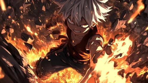 Fiery anime hero leaping through sparks and falling stone.