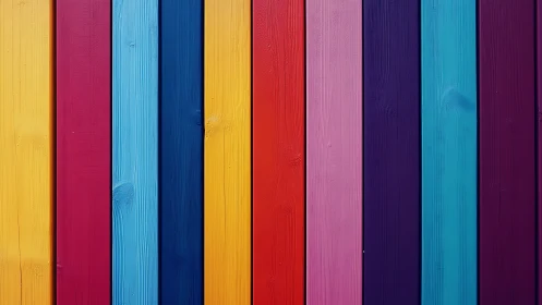 Vertical wooden planks in evenly spaced rainbow color stripes.