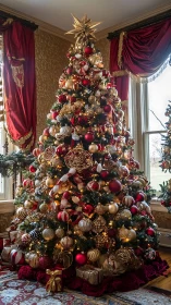 Luxurious red and gold Christmas tree fills ornate parlor