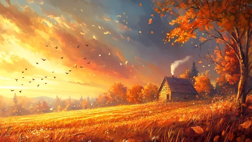 Golden autumn cabin at sunset in a glowing open field.