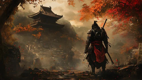 Lone samurai approaches a misty temple in autumn fire