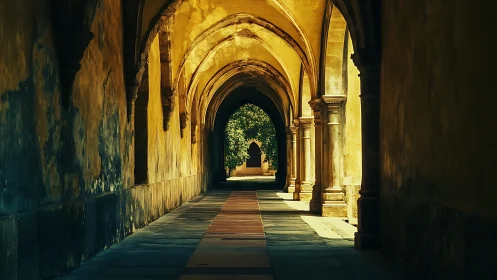 Stone vaulted cloister corridor with repetitive archways.